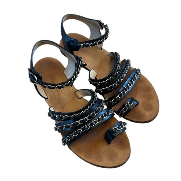 Chanel Chain CC Gladiator Sandals Black Size 39.5 $1025 - Picture 3 of 12